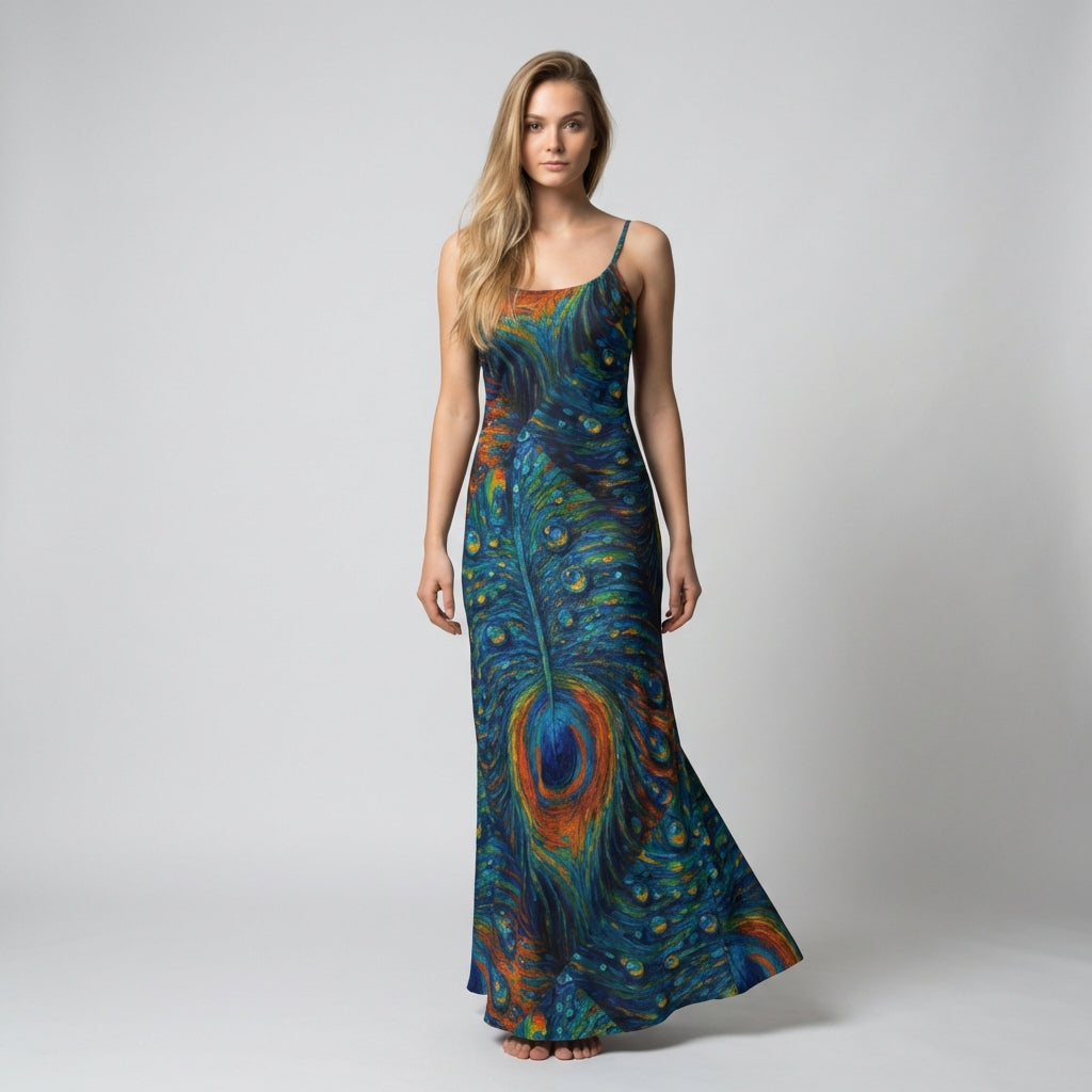 Bias Slip Dress Orange Peacock Feather