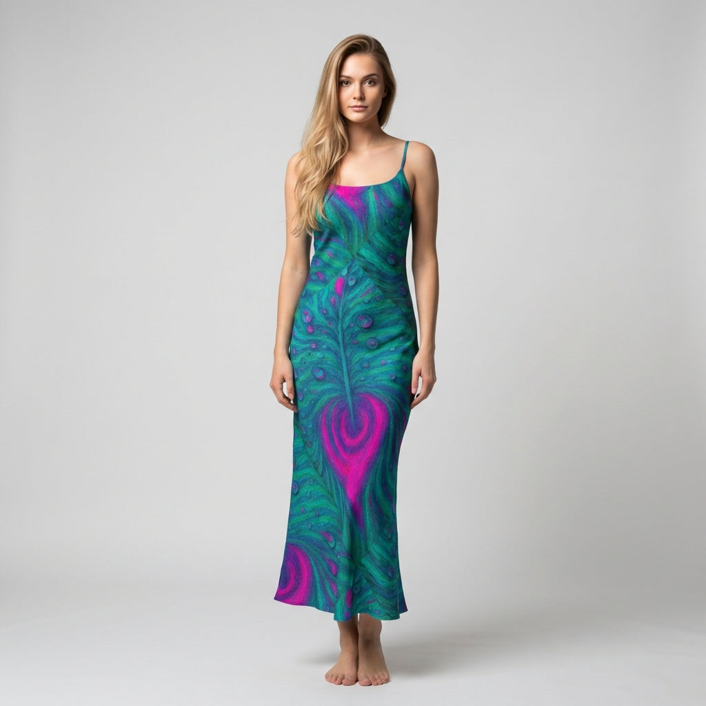 Bias Slip Dress Teal Peacock Feather