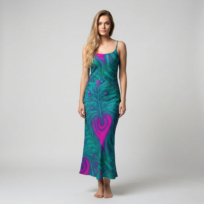 Bias Slip Dress Teal Peacock Feather