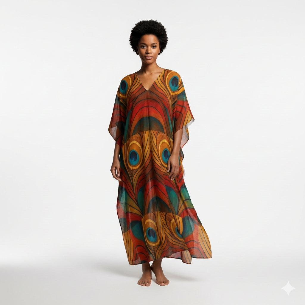 Caftan Yellow Peacock Feather in Lightweight Organic Cotton Voile