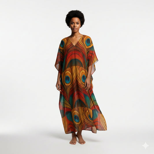 Caftan Yellow Peacock Feather in Lightweight Organic Cotton Voile