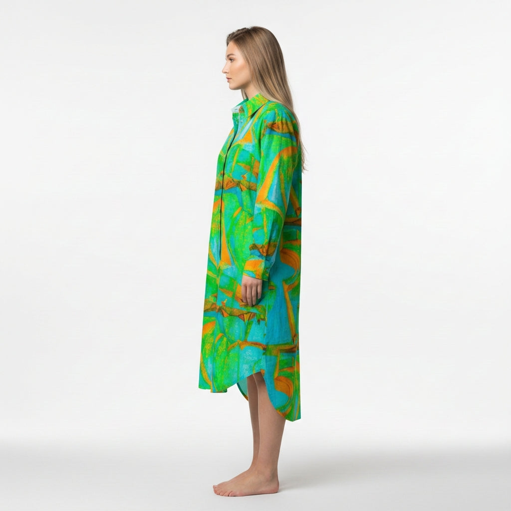 Long Sleeve Shirt Dress Palm Tree Island
