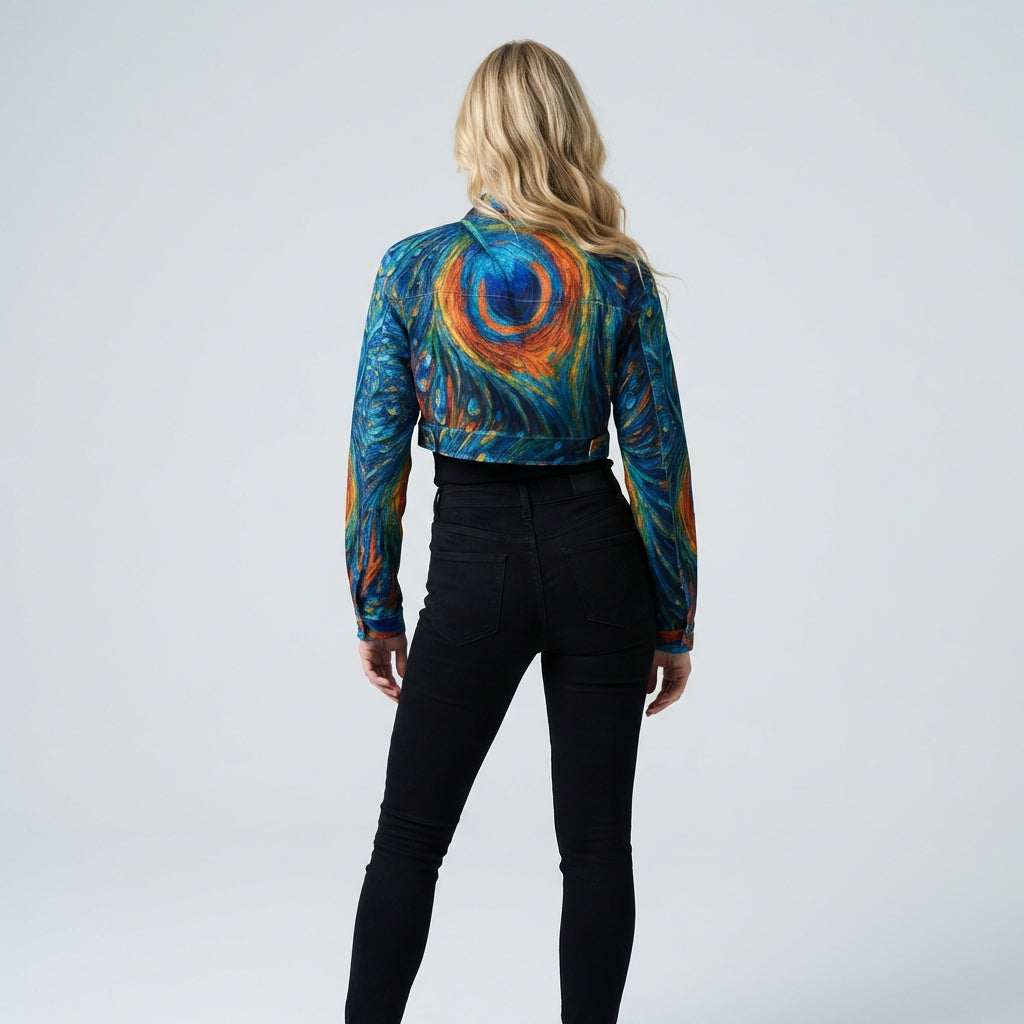 Cropped Jean Cotton Jacket Orange Peacock Feather