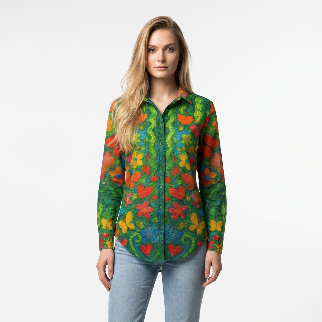 Button Front Shirt Butterfly Flowers