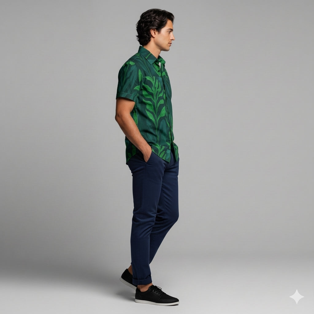 Men's Dress Shirt Green Flowers - Short Sleeve