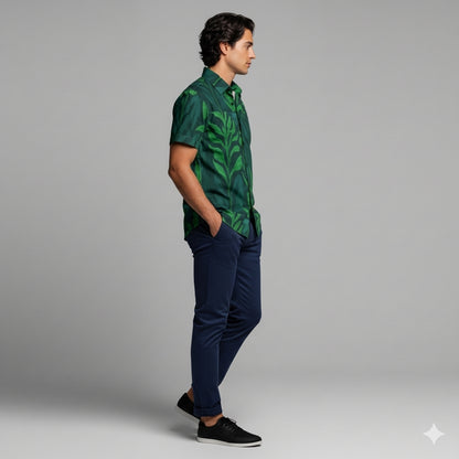 Men's Dress Shirt Green Flowers - Short Sleeve