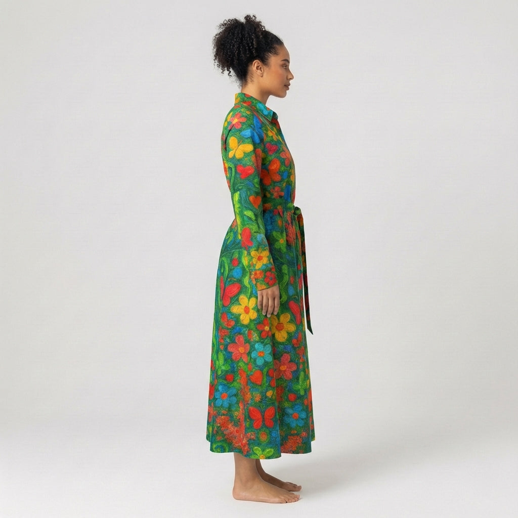 Button Front Shirt Dress Butterfly Flowers