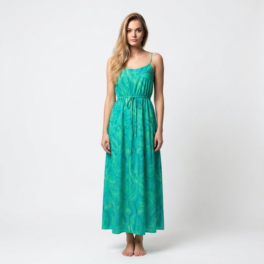 Maxi Dress with Waist Tie in Lightweight Cotton Poplin Teal Noodles