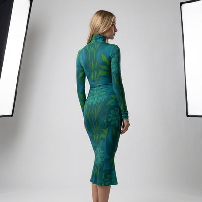 Sarong Maxi Turtleneck Body Con Dress Teal Flowers