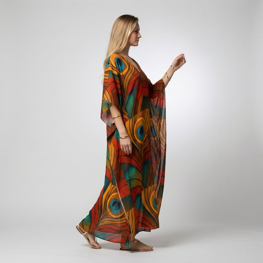 Caftan Yellow Peacock Feather in Lightweight Organic Cotton Voile