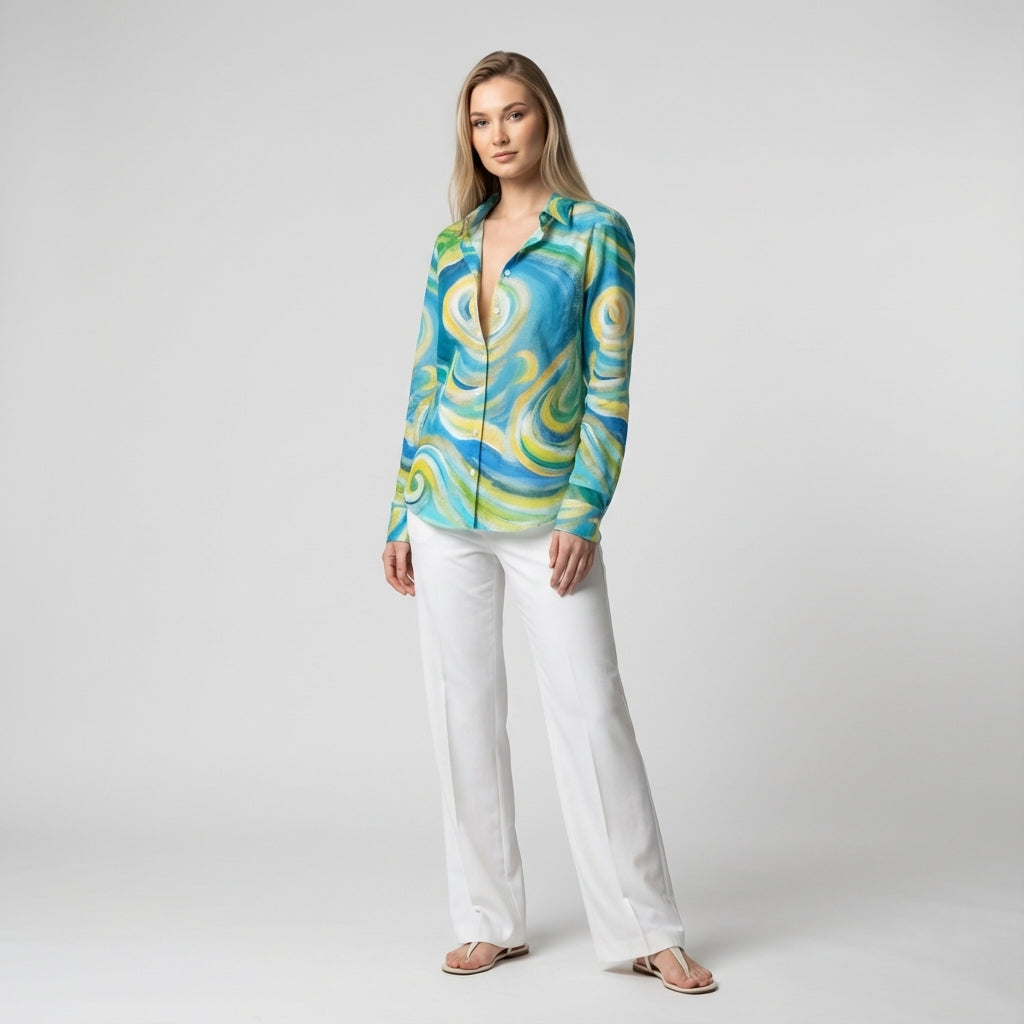 Women's Button Front Shirt Sea Swirls