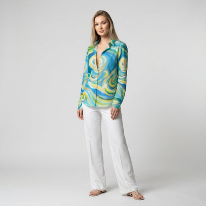 Women's Button Front Shirt Sea Swirls