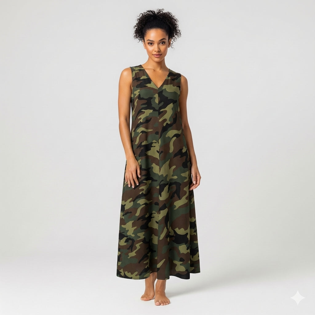 V-Neck A-Line Dress in Camouflage Print