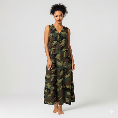 V-Neck A-Line Dress in Camouflage Print