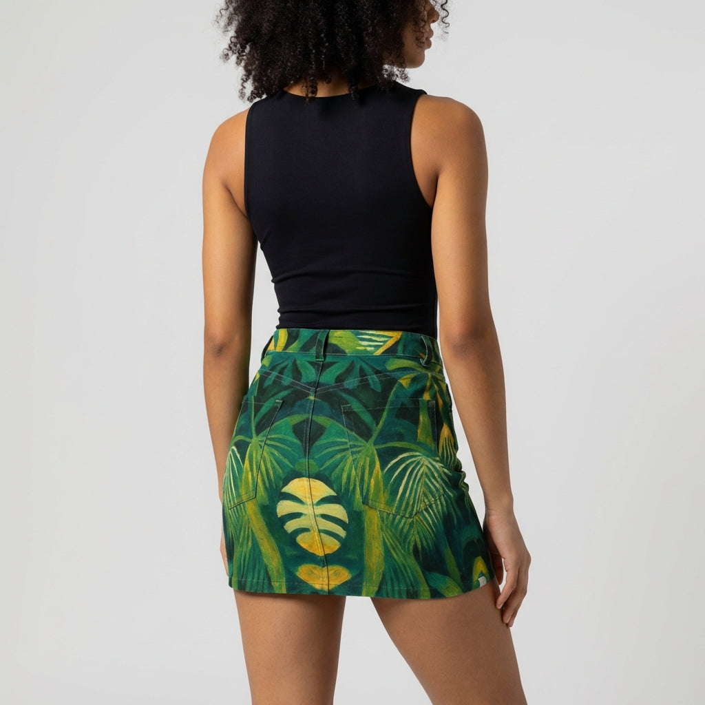 Denim Mini Skirt Green Leaves