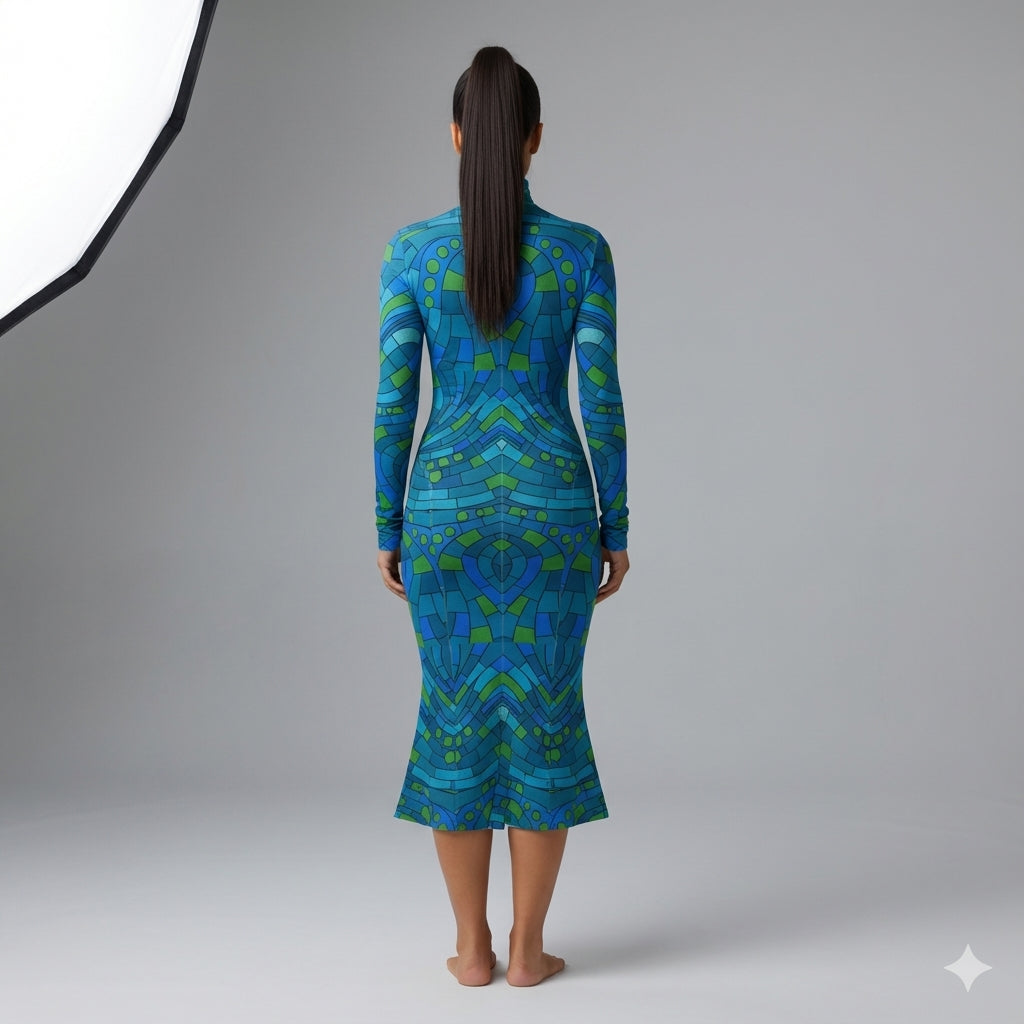 Sarong Maxi Turtleneck Body Con Dress Mosaic 11