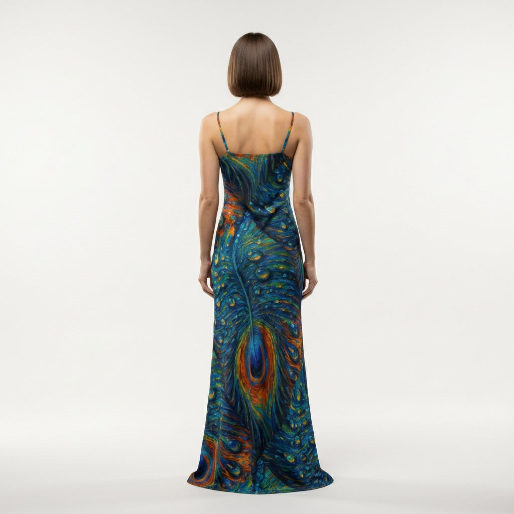 Bias Slip Dress Orange Peacock Feather