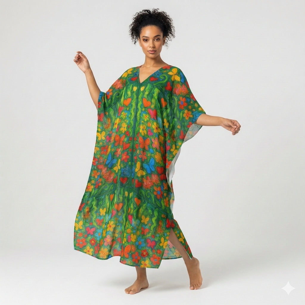 Caftan Butterfly Flowers in Lightweight Organic Cotton Voile