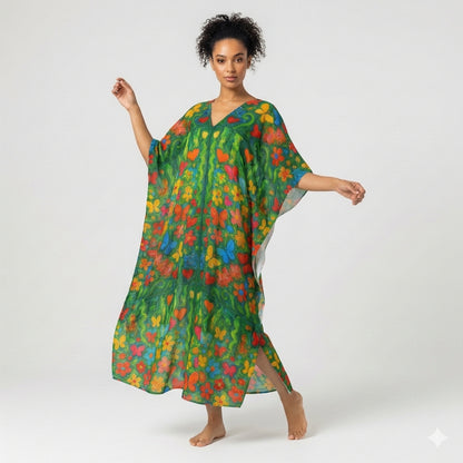 Caftan Butterfly Flowers in Lightweight Organic Cotton Voile