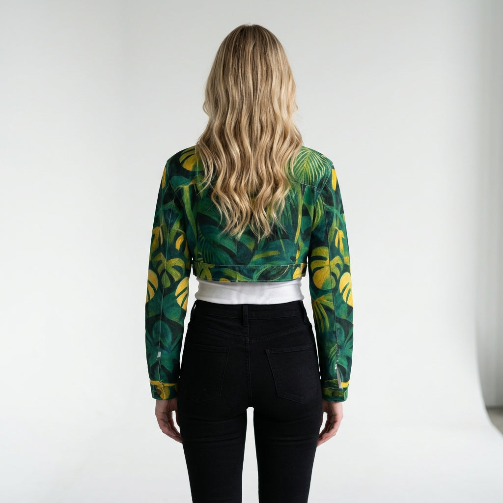 Cropped Jean Cotton Jacket Green Leaves