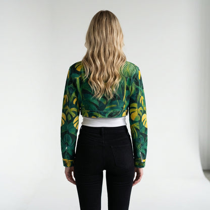 Cropped Jean Cotton Jacket Green Leaves