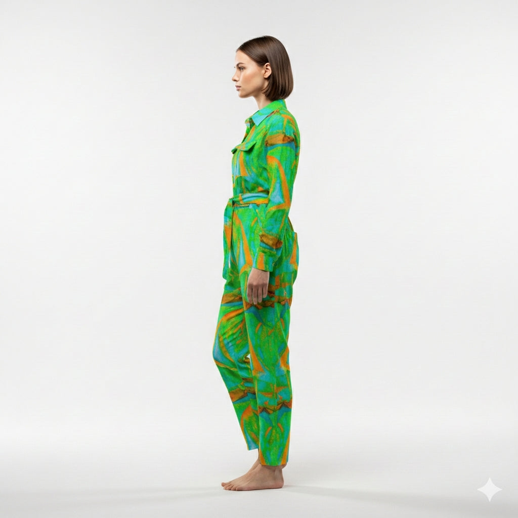 Lightweight Button Front Jumpsuit Palm Tree Island