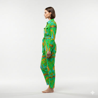 Lightweight Button Front Jumpsuit Palm Tree Island