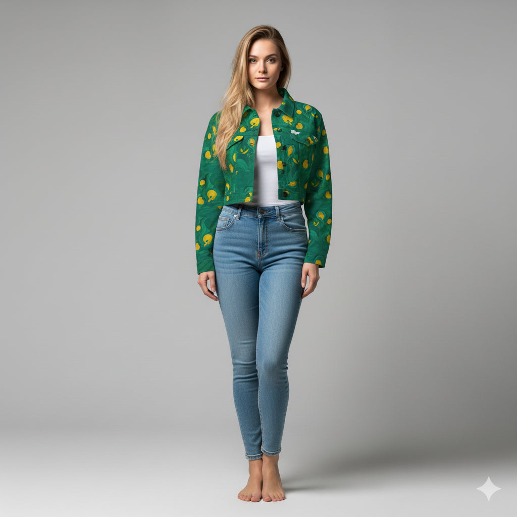 Cropped Jean Cotton Jacket Yellow Flowers