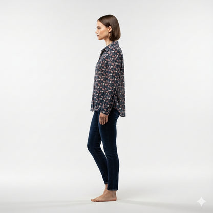 Feminine Floral Button Down Shirt with Handpainted Roses on Navy background
