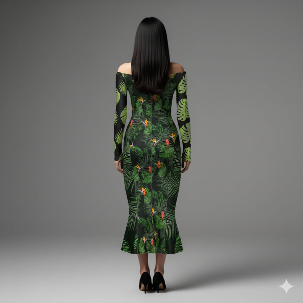 Off-Shoulder Jersey Dress with Side Contour Panels