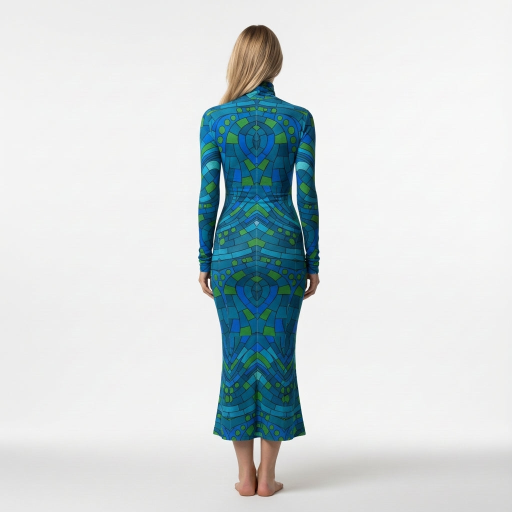 Sarong Maxi Turtleneck Body Con Dress Mosaic 11