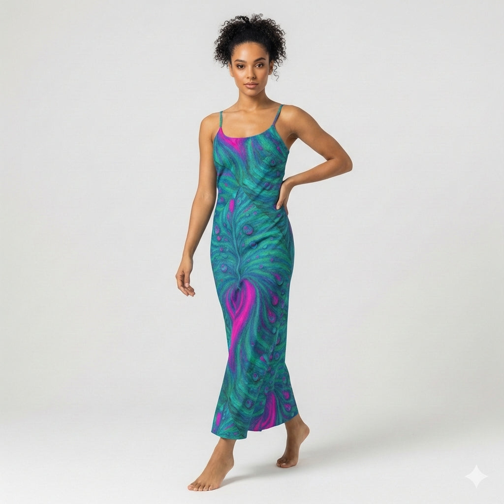 Bias Slip Dress Teal Peacock Feather