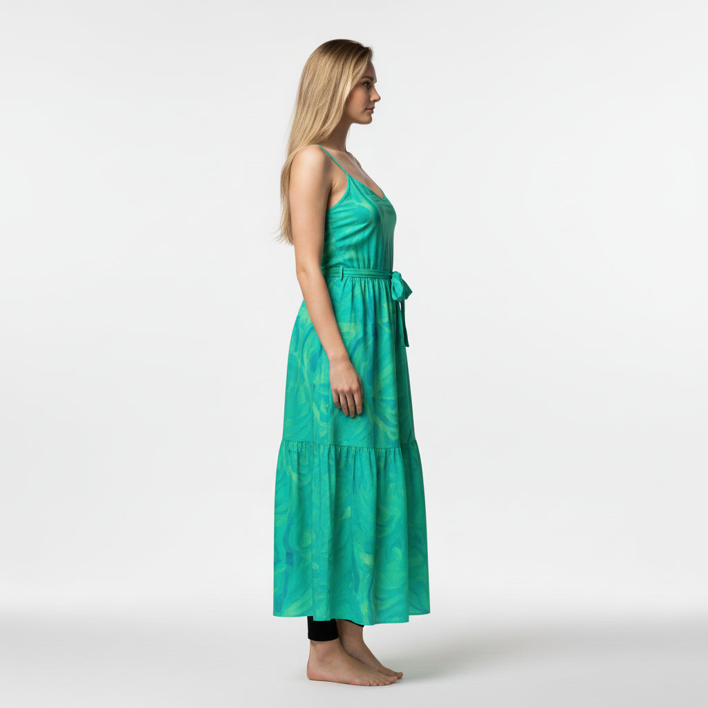Maxi Dress with Waist Tie in Lightweight Cotton Poplin Teal Noodles