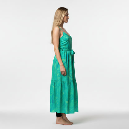 Maxi Dress with Waist Tie in Lightweight Cotton Poplin Teal Noodles
