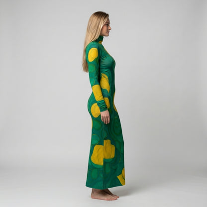  Sarong Maxi Turtleneck Body Con Dress Yellow Flowers