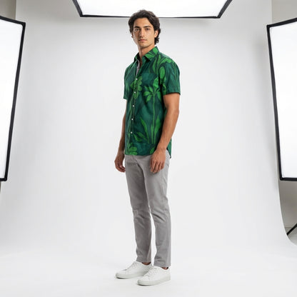 Men's Dress Shirt Green Flowers - Short Sleeve