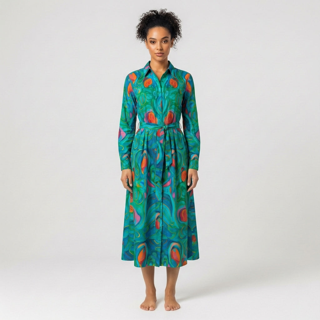 Button Front Shirt Dress Floral Swamp in Lightweight Cotton Poplin