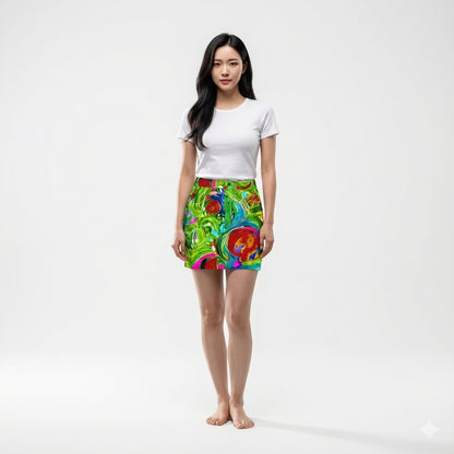 Denim Mini Skirt in Abstract Watercolor Print