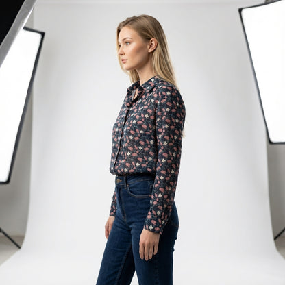 Feminine Floral Button Down Shirt with Handpainted Roses on Navy background