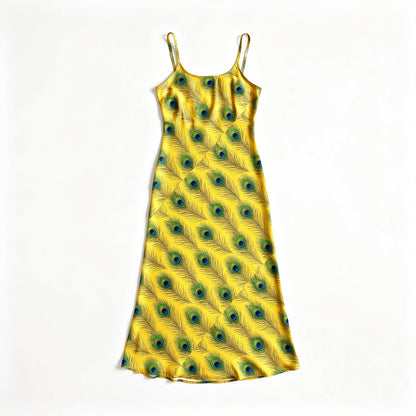 Bias Slip Dress Yellow Peacock Feathers