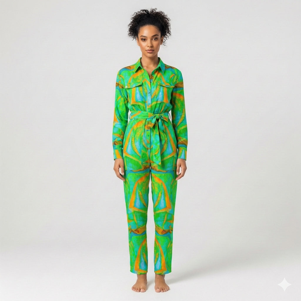 Lightweight Button Front Jumpsuit Palm Tree Island