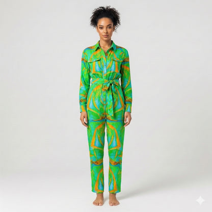 Lightweight Button Front Jumpsuit Palm Tree Island
