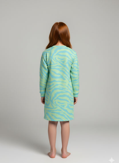 Long Sleeve T-Shirt Dress in Aqua Zebra Stripe