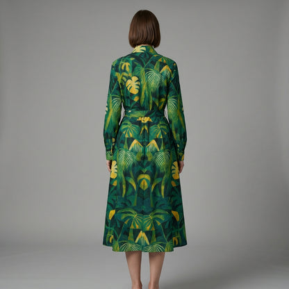 Button Front Shirt Dress Green Leaves