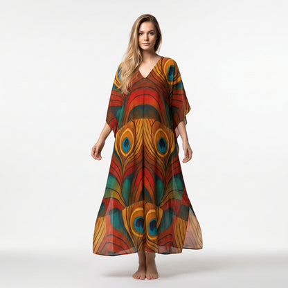 Caftan Yellow Peacock Feather in Lightweight Organic Cotton Voile