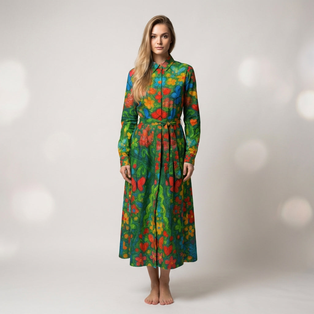 Button Front Shirt Dress Butterfly Flowers