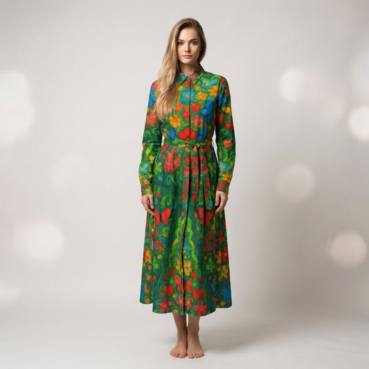 Button Front Shirt Dress Butterfly Flowers