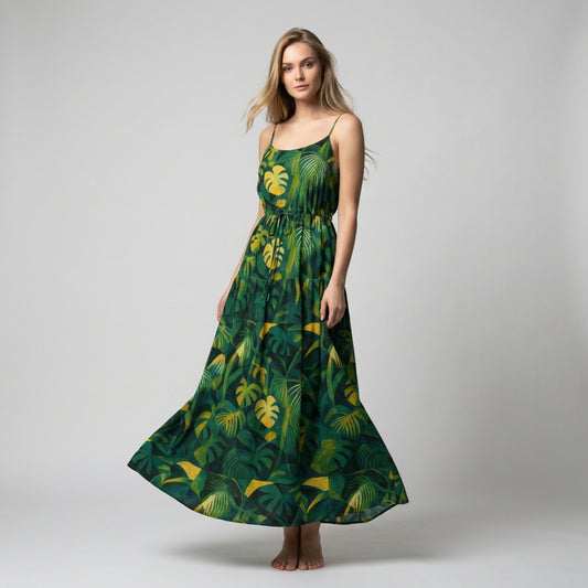 Maxi Dress with Waist Tie Green Leaves