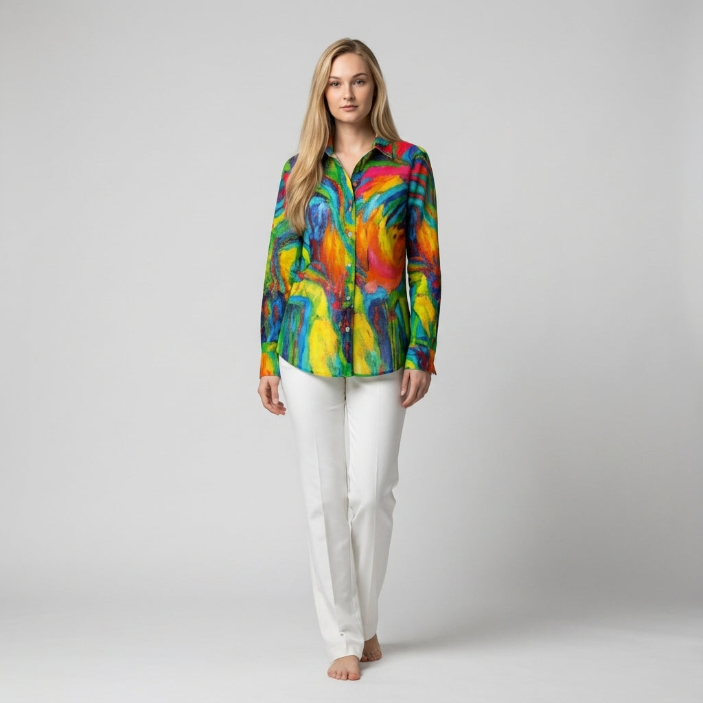 Women's Button Front Shirt in Organic Cotton Voile Green Jungle