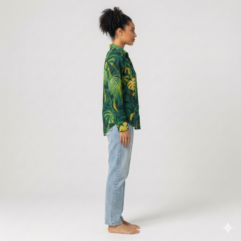 Button Front Shirt Green Leaves